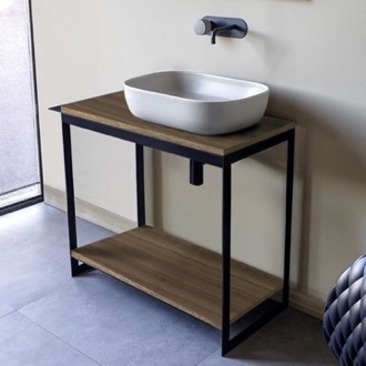 Console Bathroom Vanity Console Sink Vanity With Ceramic Vessel Sink and Natural Brown Oak Shelf, 35